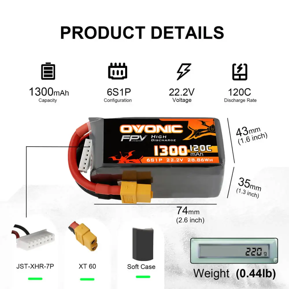 Ovonic 120C 6S 1300mAh 22.2V LiPo Battery Pack for FPV Racing - XT60 Plug - Image 2